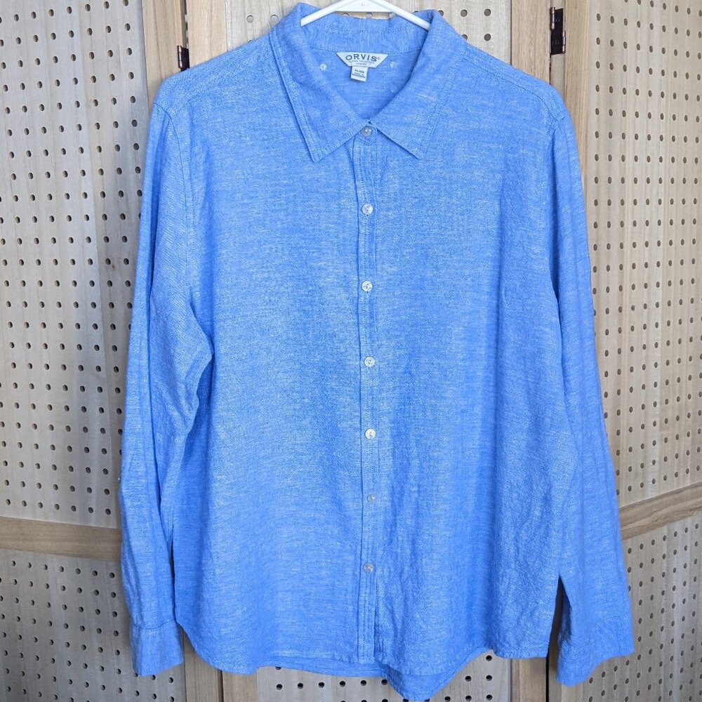 Orvis linen blend long sleeve button down shirt with tab sleeves